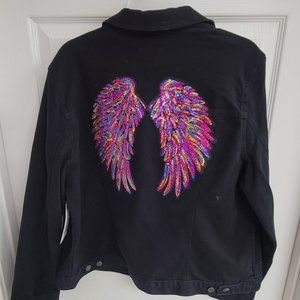 Womans Black Jean Jacket size XL sequins wings on back